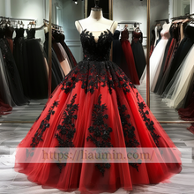 Load image into Gallery viewer, Black Lace Applique Strapless Full Length Ball Gown Evening Party Prom Princess Dress W13-10