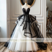 Load image into Gallery viewer, White And Black Tulle Full Length Evening Prom Lace Up Back Formal Princess Dress Hand Made W15-10.3