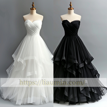 Load image into Gallery viewer, White Or Black Tulle Full Length Evening Prom Lace Up Back Formal Princess Dress Hand Made W15-10.5