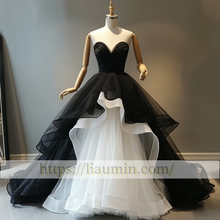 Load image into Gallery viewer, Custom White And Black Tulle Full Length Evening Prom Lace Up Back Formal Princess Dress Hand Made W15-10.6