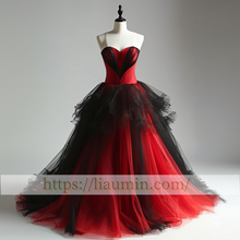 Load image into Gallery viewer, Red and Black Tulle Strapless Evening Prom Lace Up Back Formal Princess Dress Custom W15-11.11