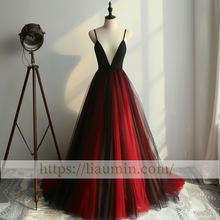 Load image into Gallery viewer, Red and Black Tulle V Neck Evening Prom Lace Up Back Formal Princess Dress Custom W15-11.12