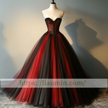 Load image into Gallery viewer, Red and Black Tulle Strapless Beading Full Length Evening Prom Lace Up Back Formal Princess Dress W15-11.4