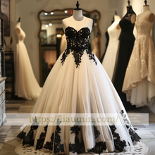Load image into Gallery viewer, Ivory and Black Lace Applique A Line Wedding Dress Prom Princess Dress W13-14.1