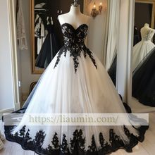Load image into Gallery viewer, White and Black Lace Applique Strapless Wedding Dress Prom Princess Dress W13-14.5