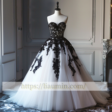 Load image into Gallery viewer, New White and Black Lace Applique Ball Gown Wedding Dress Prom Princess Dress W13-14.6