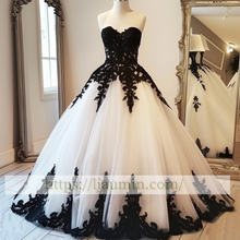 Load image into Gallery viewer, Hand Made Custom White and Black Lace Applique Strapless Wedding Dress Prom Princess Dress W13-14.8