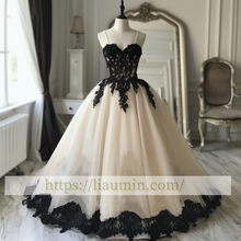Load image into Gallery viewer, Hand Made Custom Ivory and Black Lace Applique Strapless Wedding Dress Prom Princess Dress W13-15.3