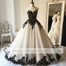 Load image into Gallery viewer, New Ivory and Black Lace Applique Ball Gown Wedding Dress Prom Princess Dress W13-15.4