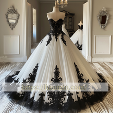 Load image into Gallery viewer, Hand Made Custom White and Black Lace Applique Strapless Wedding Dress Prom Princess Dress W13-15.5
