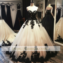Load image into Gallery viewer, New Ivory Tulle and Black Lace Applique Ball Gown Wedding Dress Prom Princess Dress W13-15.8