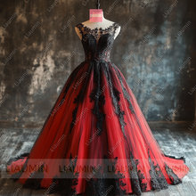 Load image into Gallery viewer, Customized Red Tulle and Black Lace Applique Wedding Evening Prom Formal Princess Dress W19.17.4