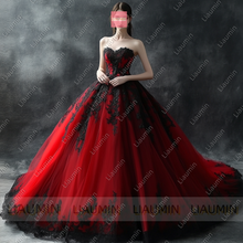 Load image into Gallery viewer, Customized Red Tulle and Black Lace Applique Wedding Evening Prom Formal Princess Dress W19.19.1