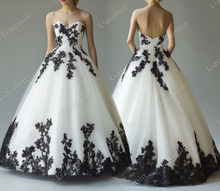 Load image into Gallery viewer, White Tulle Black Lace Applique Strapless Wedding Evening Prom Formal Lace Up Back Princess Dress C-1.10