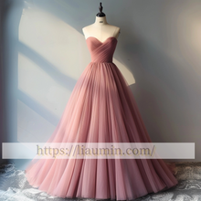 Load image into Gallery viewer, Pink Strapless Tulle Floor Length Lace Up Back Evening Party Prom Formal Occasion Princess Homecoming Dress A-1.10
