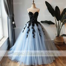 Load image into Gallery viewer, Custom Made Sky Blue Tulle Black Lace Applique Strapless Evening Prom Formal Lace Up Back Princess Dress A-1.10
