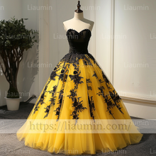 Load image into Gallery viewer, Custom Made Yellow Tulle Black Lace Applique Strapless Evening Prom Formal Lace Up Back Princess Dress A-1.11
