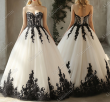 Load image into Gallery viewer, Ivory Tulle Black Lace Applique Strapless Wedding Evening Prom Formal Lace Up Back Princess Dress C-1.11