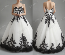Load image into Gallery viewer, White Tulle Black Lace Applique Strapless Wedding Evening Prom Formal Lace Up Back Princess Dress C-1.12