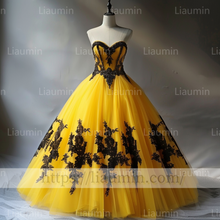 Load image into Gallery viewer, Custom Made Yellow Tulle Black Lace Applique Strapless Evening Prom Formal Lace Up Back Princess Dress A-1.12