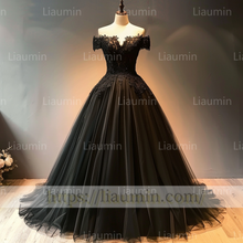 Load image into Gallery viewer, Custom Made Black Tulle Black Lace Applique Off The Shoulder Evening Prom Formal Lace Up Back Princess Dress A-1.13
