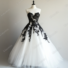 Load image into Gallery viewer, White Tulle Black Lace Applique Strapless Wedding Evening Prom Formal Lace Up Back Princess Dress C-1.13