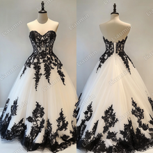 Load image into Gallery viewer, White Tulle Black Lace Applique Strapless Wedding Evening Prom Formal Lace Up Back Princess Dress C-1.14