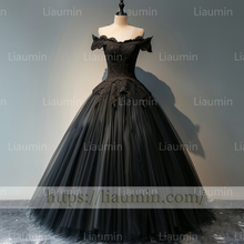 Load image into Gallery viewer, Custom Made Black Tulle Black Lace Applique Off The Shoulder Evening Prom Formal Lace Up Back Princess Dress A-1.14