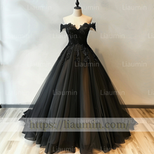 Load image into Gallery viewer, Custom Made Black Tulle Black Lace Applique Off The Shoulder Evening Prom Formal Lace Up Back Princess Dress A-1.15