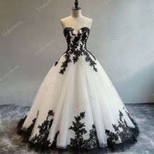 Load image into Gallery viewer, White Tulle Black Lace Applique Strapless Wedding Evening Prom Formal Lace Up Back Princess Dress C-1.15