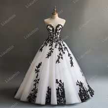 Load image into Gallery viewer, Custom White Tulle Black Lace Applique Strapless Wedding Evening Prom Formal Lace Up Back Princess Dress C-1.16