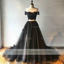 Load image into Gallery viewer, Custom Made 2 Pcs Set Black Tulle Black Lace Applique Off The Shoulder Evening Prom Formal Lace Up Back Princess Dress A-1.16
