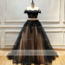 Load image into Gallery viewer, Custom Made Champagne and Black Lace Applique Off The Shoulder Evening Prom Formal Lace Up Back Princess Dress A-1.17