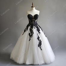 Load image into Gallery viewer, Custom White Tulle Black Lace Applique Strapless Wedding Evening Prom Formal Lace Up Back Princess Dress C-1.17