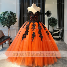 Load image into Gallery viewer, Custom Made Orange Tulle and Black Lace Applique Off The Shoulder Evening Prom Formal Lace Up Back Princess Dress A-1.18