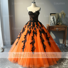 Load image into Gallery viewer, Custom Made Orange Tulle and Black Lace Applique Evening Prom Formal Lace Up Back Princess Dress A-1.19