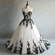 Load image into Gallery viewer, Custom White Tulle Black Lace Applique Strapless Wedding Evening Prom Formal Lace Up Back Princess Dress C-1.19