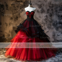 Load image into Gallery viewer, Red Tulle Black Lace Applique Evening Party Prom Formal Occasion Princess Dress A-1.1