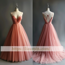 Load image into Gallery viewer, Pink V Neck Full Length Evening Party Prom Formal Occasion Princess Dress A-1