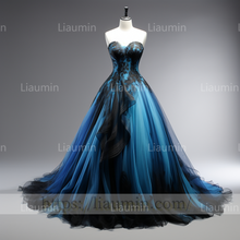 Load image into Gallery viewer, Blue Tulle Black Lace Applique Strapless Evening Party Prom Formal Occasion Princess Dress B-1.1