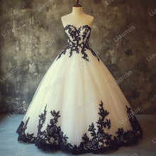 Load image into Gallery viewer, Custom Ivory Tulle Black Lace Applique Strapless Wedding Evening Prom Formal Lace Up Back Princess Dress C-1.20