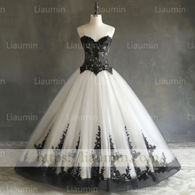 Load image into Gallery viewer, Custom Hand Made White Tulle and Black Lace Applique Evening Prom Formal Lace Up Back Princess Dress A-1.21