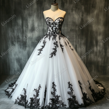 Load image into Gallery viewer, Custom White Tulle Black Lace Applique Strapless Wedding Evening Prom Formal Lace Up Back Princess Dress C-1.22