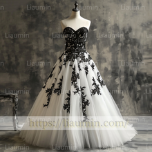 Load image into Gallery viewer, Custom A Line White Tulle and Black Lace Applique Evening Prom Formal Lace Up Back Princess Dress A-1.22