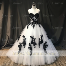 Load image into Gallery viewer, Custom Classic White Tulle and Black Lace Applique Evening Prom Formal Lace Up Back Princess Dress A-1.23