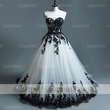 Load image into Gallery viewer, Custom Made Classic White Tulle and Black Lace Applique Evening Prom Formal Lace Up Back Princess Dress A-1.24