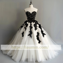 Load image into Gallery viewer, White Tulle And Black Lace Applique Wedding Dress Lace Up Back Bridal Gown Princess Dress Custom A-1.25