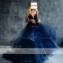 Load image into Gallery viewer, Custom Made Navy Blue V Neck Evening Prom Formal Lace Up Back Princess Dress A-1.25