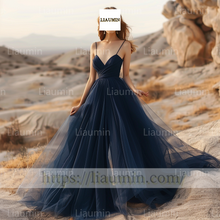 Load image into Gallery viewer, Custom Made Navy Blue V Neck Strap Evening Prom Formal Lace Up Back Princess Dress A-1.26