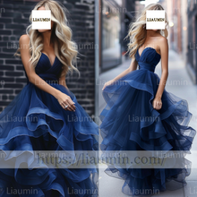 Load image into Gallery viewer, Custom Hand Made Navy Blue Strapless Evening Prom Formal Lace Up Back Princess Dress A-1.27